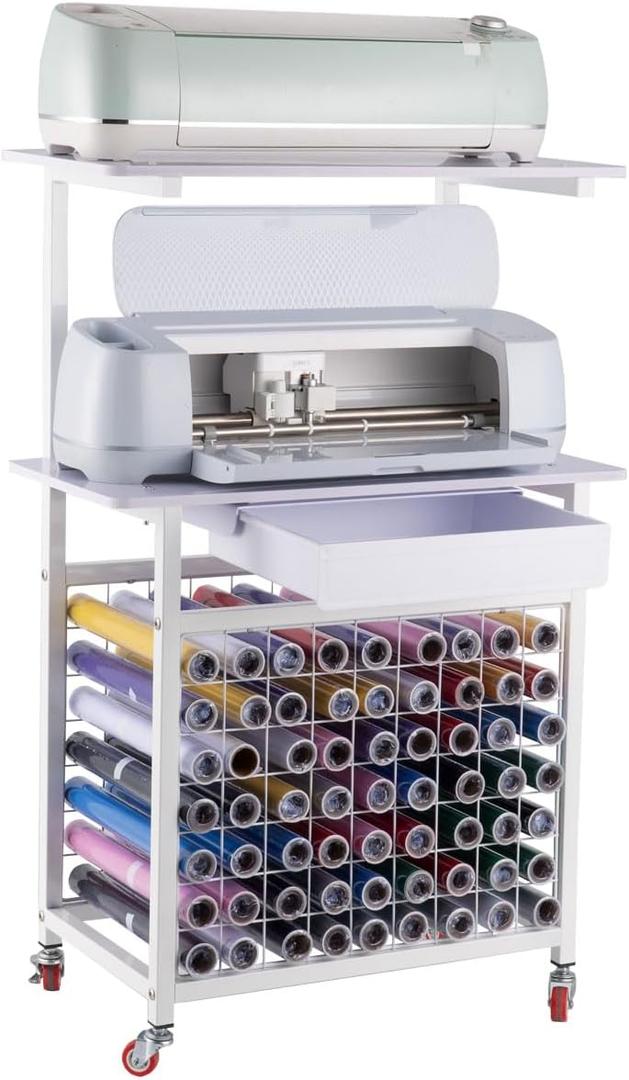 Organizer and Storage Cart For Cricut Machines Vinyl Rolls Organization,Double Machine holding Fully Open.With Drawer For craft tools.Easily to Move.