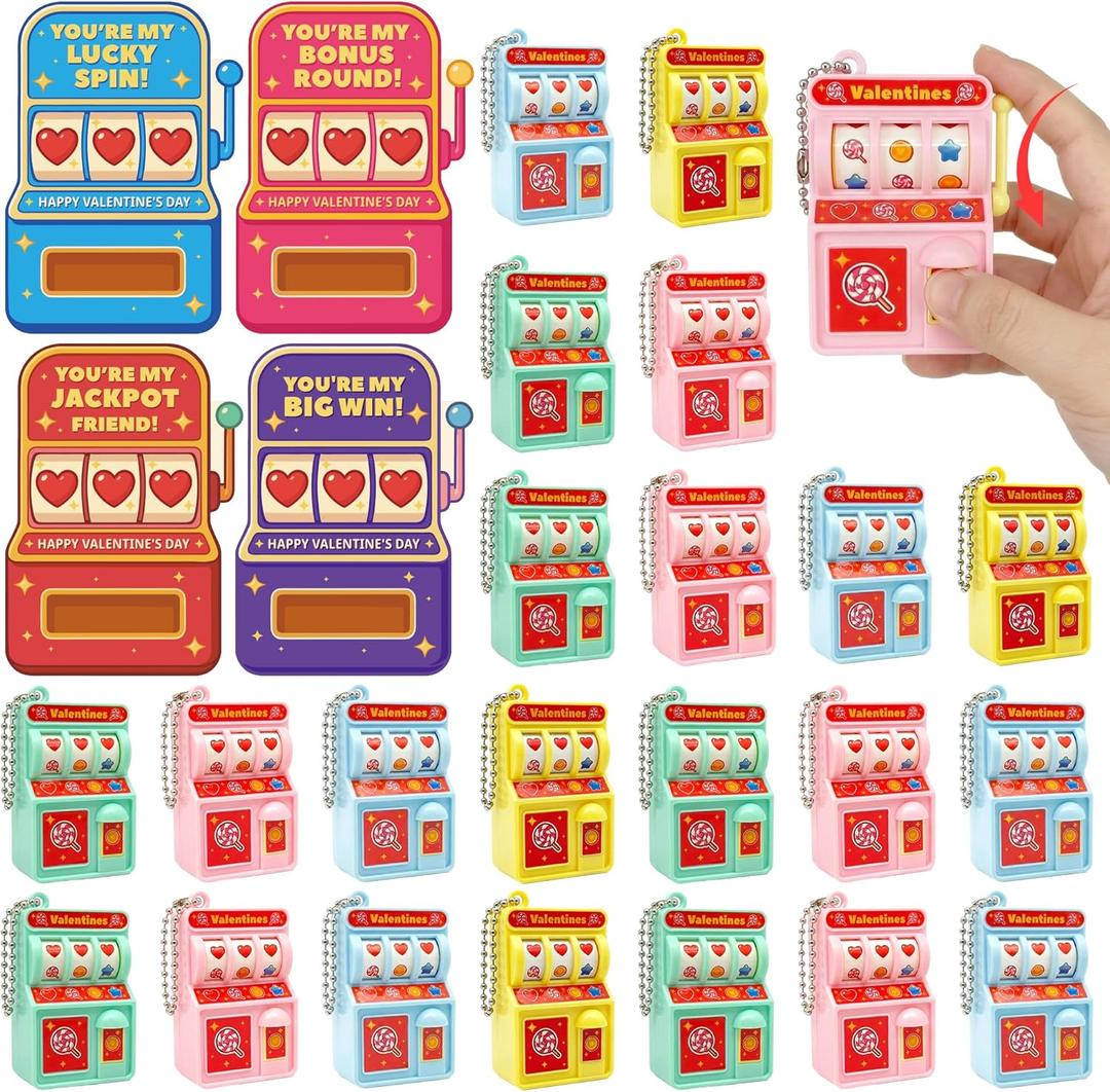 Gocozer Valentines Day Cards for Kids School 28 Pack Mini Slot Machine Toys with Valentines Greeting Cards, Classroom Exchange Valentines Gifts, Bulk Set for School Valentines Party