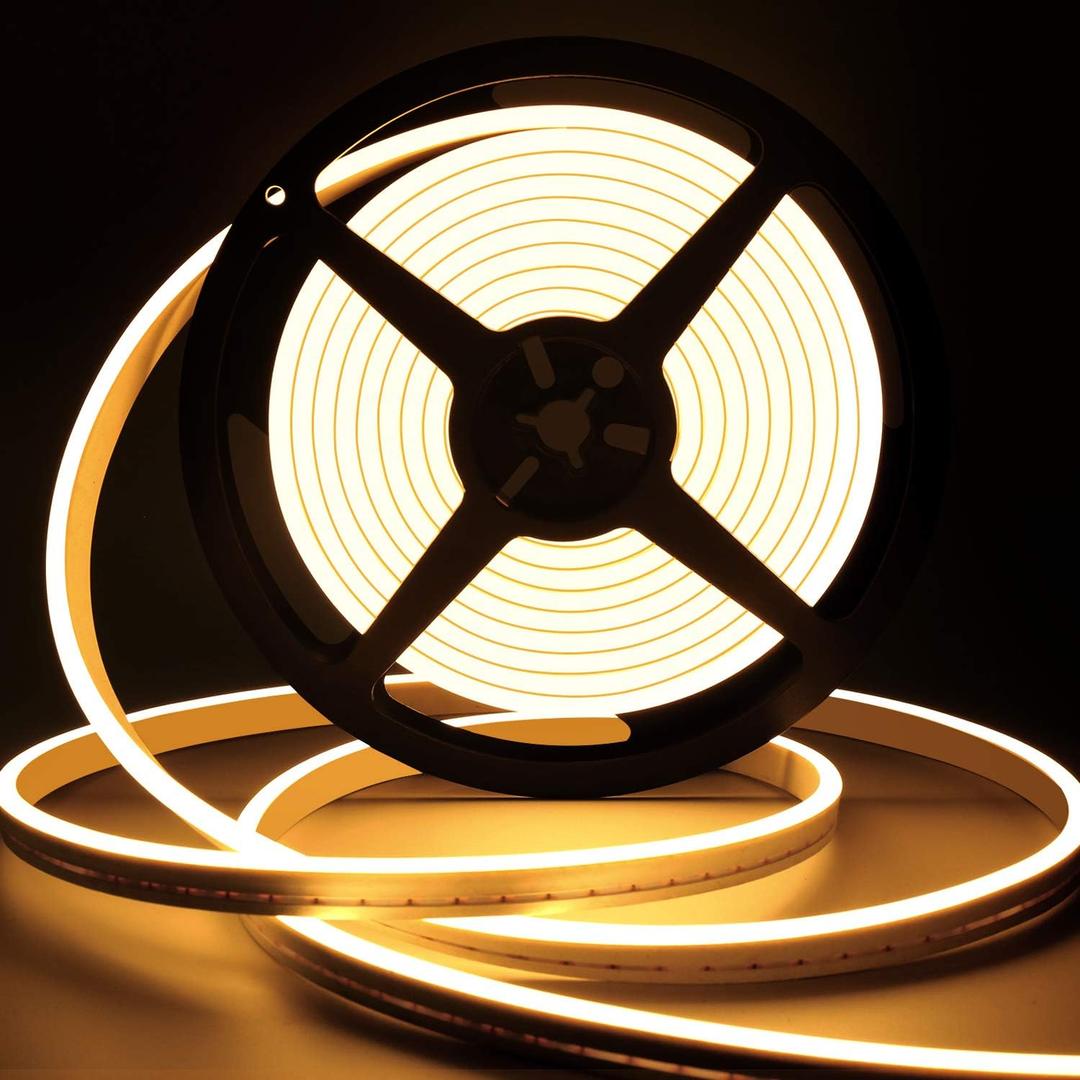 Lamomo LED Neon Lights, 12V Warm White Dimmable LED Strip Lights, 16.4ft/5m Waterproof LED Neon Rope Lights, Silicone 3000K Neon LED Strip for Bedroom Indoor Home Decor (Power Adapter Included)