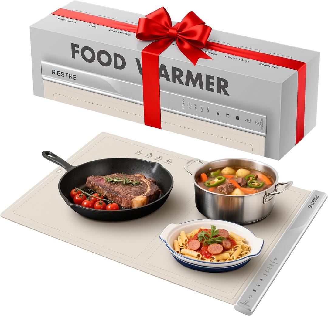 Food Warming Mat, Electric Food Warming Tray with 4 Adjustable Temperature, 3 Timer, Full Surface Heating Child Lock, Food Grade Silicone Food Warmer for Parties Buffet Countertop Home Travel (Beige)