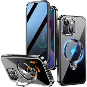 [360 Rotatable CD Stand & Built-in Privacy Screen Magnetic Case for iPhone 13 [Compatible with MagSafe & Full Signal] Mil-Grade Shockproof Full Body Anti-Spy Cover for 13-Black