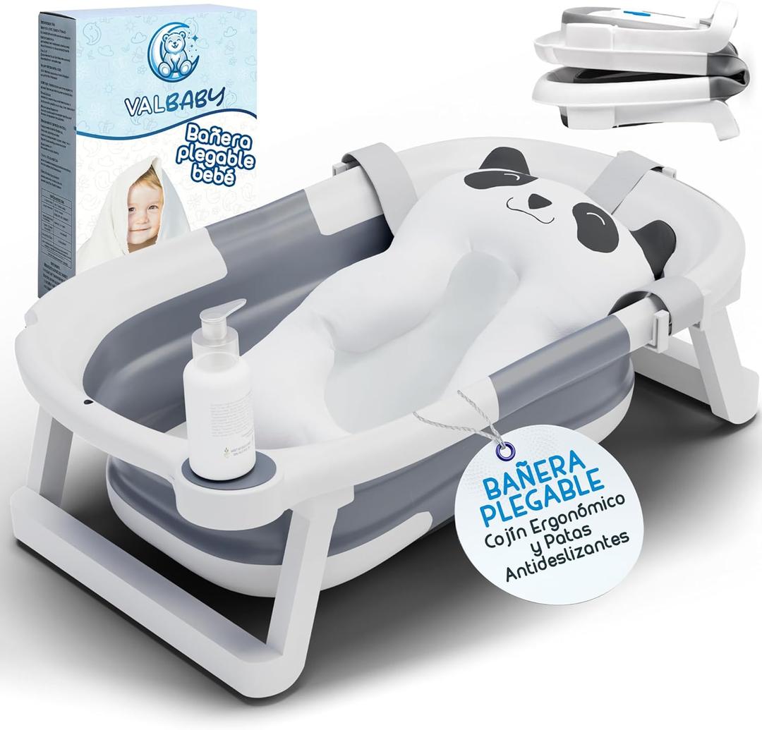 Portable Folding Baby Bath from Newborn to 24 Months + Large Ergonomic and Padded Panda Cushion + Non-Slip Feet Bathtubs for Babies Easy to Clean Banheira Home or Travel