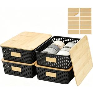 Bagnizer 4 Pack Plastic Storage Bins with Bamboo Lids, 6.2qt Stackable Storage Organizer Box with Lable for Pantry Shelves Drawers Desktop Office, 12"L x 8.3"W x 3.5"H, Black