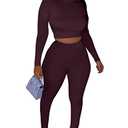 Kaximil Women's Workout Tracksuit 2 Piece Outfits Long Sleeve Crop Top High Waist Legging Pants Set, Large, Dark Chocolate