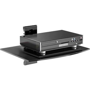 suptek Glass Floating Shelf, 1 Tier Media Shelf for TV Accessories, Flat Black Wall Mount Bracket, 17.6lbs Weight Capacity, Quick Installation, Cable Management, Custom Style, Backless