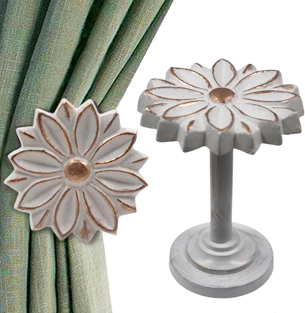 The Metal Magician Wall Mounted Floral Curtain Holdbacks (Pack of 2) - Boho Flowery Curtain Holders for Living Room, Bedroom, Office Drapes - Farmhouse Tiebacks for Curtains (White Blossom)