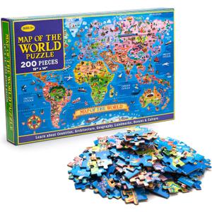 MOTYAWN 200 Pieces World Map Puzzle for Kids & Adults, World Map Jigsaw Puzzle Floor Puzzles Toddler Geography Educational Toys for Boys and Girls, Globe Atlas Puzzle Maps for Kids Learning Games