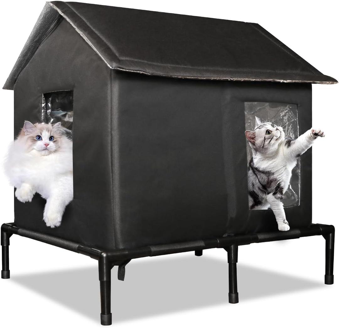 Outdoor Cat House for Feral Cats, Extra Large Insulated Stray Cat Shelter, Weatherproof Elevated Outside Cat and Dog House, Waterproof Cat Tent Pet House for Winter and Summer