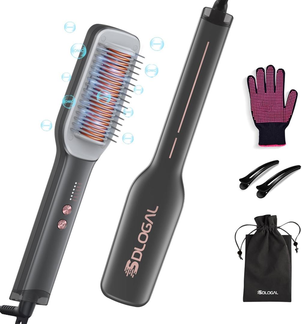 sdlogal Hair Straightener Brush  Hair Straightening Iron with Built-in Comb, 20s Fast Heating & 5 Temp Settings & Anti-Scald, Perfect for Professional Salon at Home (Black - Matte)
