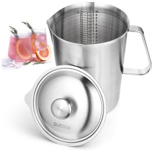SHENLIU Stainless Steel Pitcher with Lid, 70 oz Metal Measuring Cup with Marking and Handle, 2 L Large Mouth Graduated Beakers, Milk Frothing Jug for Iced Tea, Espresso, Latte Art, Hot & Cold Water