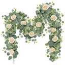 TOCHGREEN 2Pcs(13 Ft) Artificial Eucalyptus Flower Garland with Champagne Rose Flowers,Faux Rose Vine Gypsophila,Floral Greenery for Home Wedding Table Decor (Champagne, 2PCS)