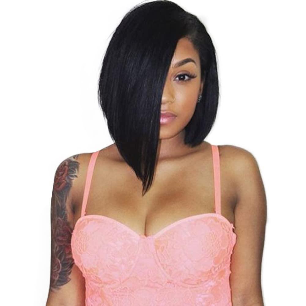 quickwig 14 inch Black Short Bob Wigs Straight Hair Wig Side Part Bowl Cut Cosplay Wig Heat Resistant Natural Looking Synthetic Full Wigs for Women(Natural Black)