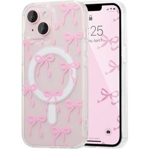 UEEBAI Magnetic for iPhone 14 & iPhone 13 Case, Bow Case Compatible with MagSafe, Wireless Slim Clear Ribbon Phone Cover Anti-Yellowing Shockproof Protective Cover for Women Girl - Pink