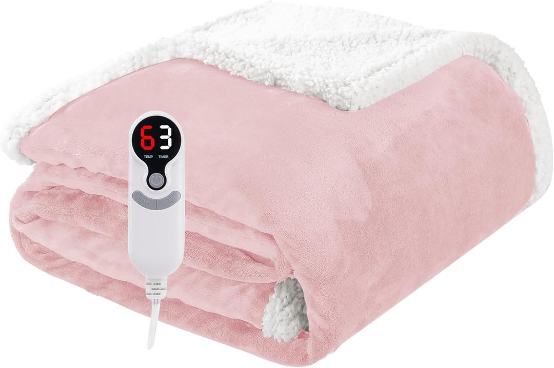 Electric Heated Blanket Throw Size 50"x60", Soft Flannel with Overheat Protection, 9 Adjustable Heat Settings & 10-Hour Auto-Off Timer, Fast Heating for Winter Comfort, Pink