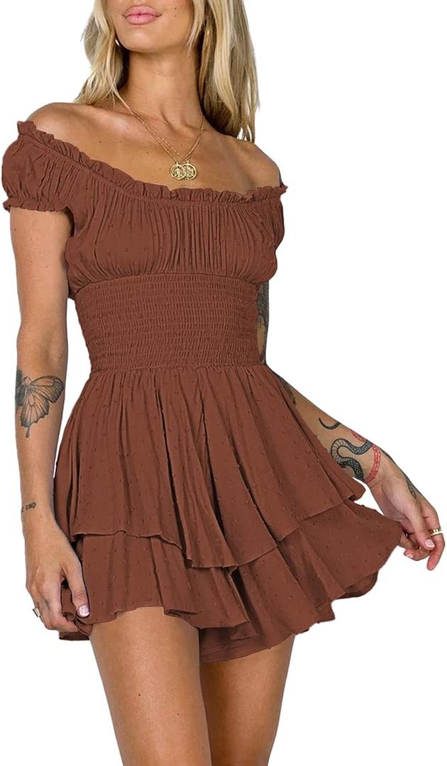 AOHITE Womens Summer Tube Top Dress Off-Shoulder Ruffled Flowy Mini Short Dresses (Size Medium)