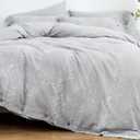 Duvet Cover Set Full/Queen Size Washed Cotton Yarn, Jacquard Gray and White Thin Branch Pattern Floral Style 3Piece Bedding Set