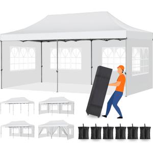 Pop Up Canopy 10x20,Heavy Duty Commercial Canopy Tent, Waterproof Outdoor Canopy with 6 Sidewalls, 3 Adjustable Height, Roller Bag, 6 Sand Bags, 4 Ropes, 12 Stakes, Frame Thickened