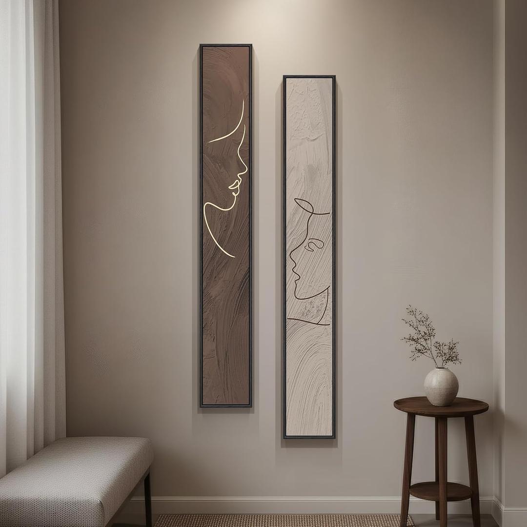 Long Narrow Framed Neutral Abstract Vertical Wall Art Set, 2 Piece Modern Canvas Prints Paintings Artwork for Walls, Beige and Brown Minimalist Pictures for Hallway Entryway Living Room Bedroom Decor