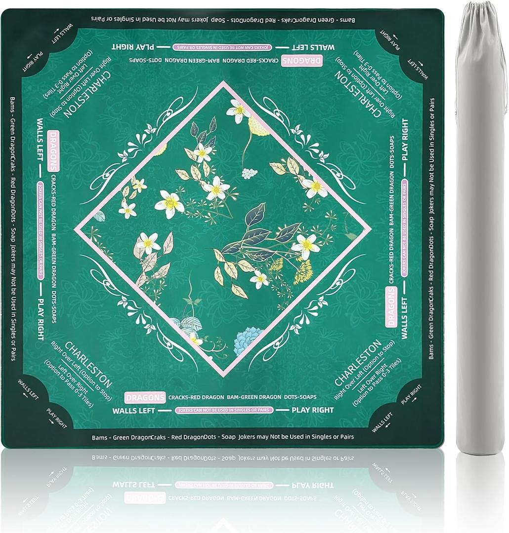 Green Mahjong Mat with Rules No Crease 32.6"x32.6" Larger Non Slip Noise Reduction Mahjong Mat for Table with Velvet Bag Game Mat for American Mahjong, Dominoes, Poker, Board Games and More
