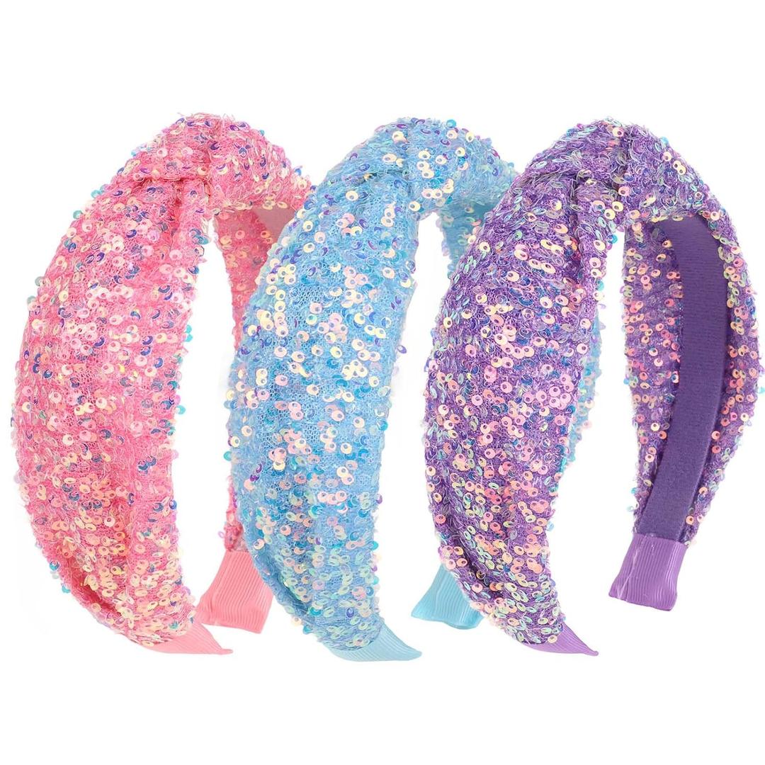 Headbands for Girls, 3 Pack Sequin Knotted Headband for Women Set Cute Glitter Girl Headbands Purple Blue Pink Knot Headband Sparkly Hairband Head Bands Hair Accessories for Girls Toddler