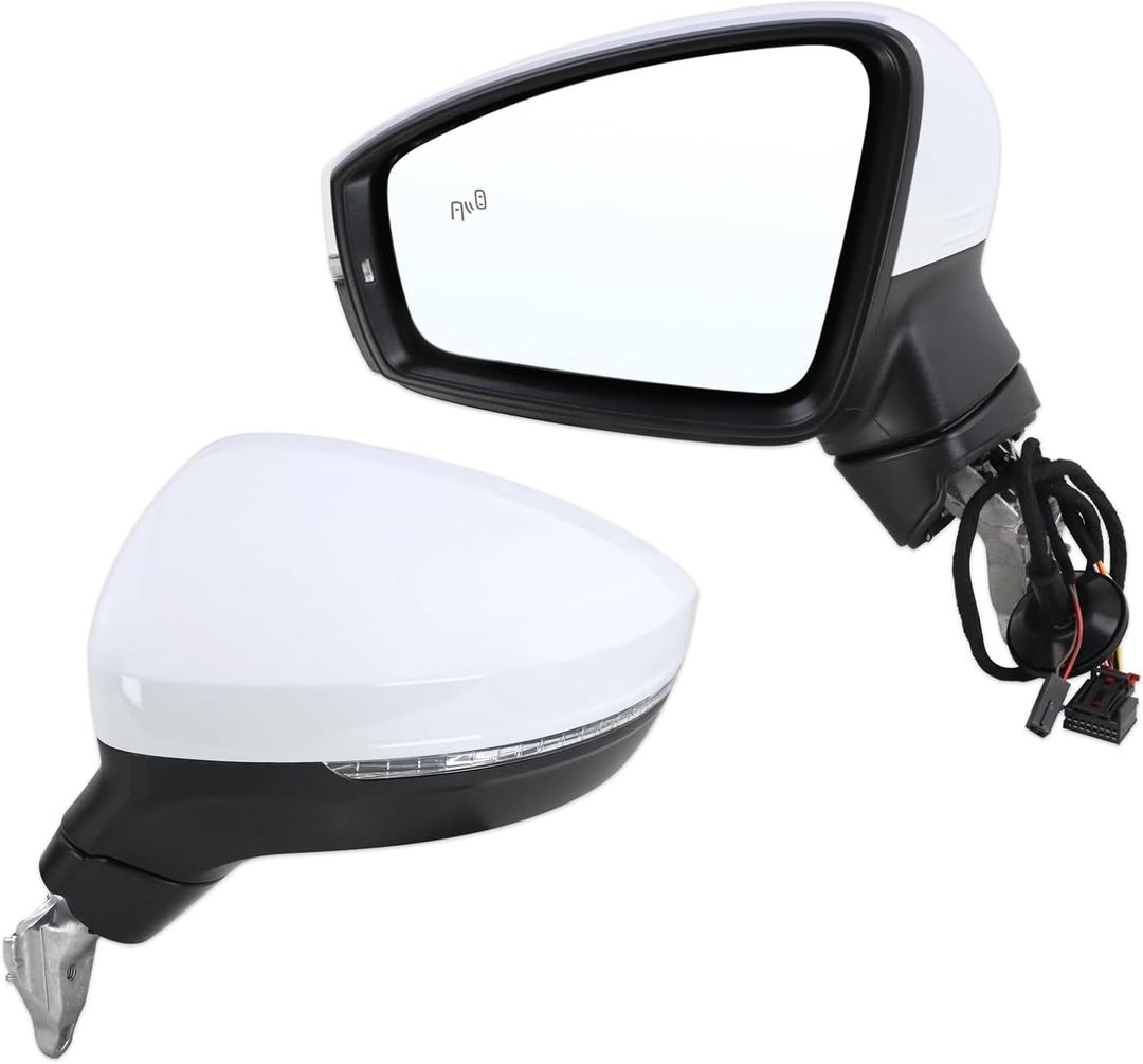 Left Driver Side Mirror Compatible With 2018 2019 2020 2021 2022 2023 2024 2025 2026 VW Tiguan With Manual Folding Power Glass Heated Turn Signal Blind Spot White Replace#5NA949145(6+2Pins)