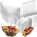 6 oz Clear Plastic Dessert Bowls (16 Pcs) with (8) Scoops and (8) Tongs, Angled Hard Disposable Ice Cream Bar Cups and Candy Buffet Containers Set for Serving Food, Appetizers, Buffets, Party Supplies