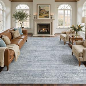 Nakagishi 7x9 Area Rugs Living Room: Washable Large Vintage Rug Neutral Non-Slip Soft Stain Resistant Indoor Carpet for Bedroom Nursery Dining Room Office Playroom - Blue