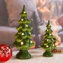 Taman Ceramic Christmas Tree, 10/7.5 Tabletop Light Up Set of 2 Decoration with Warm Lights for Christmas Holiday Indoor Decorations