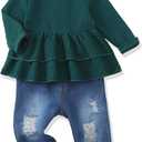 Renotemy 2t-3t Toddler Girl Clothes - Fall Winter Outfits - Green Cowgirl Jeans Pants Set Size 2t 3t - Rib Knit (Green)