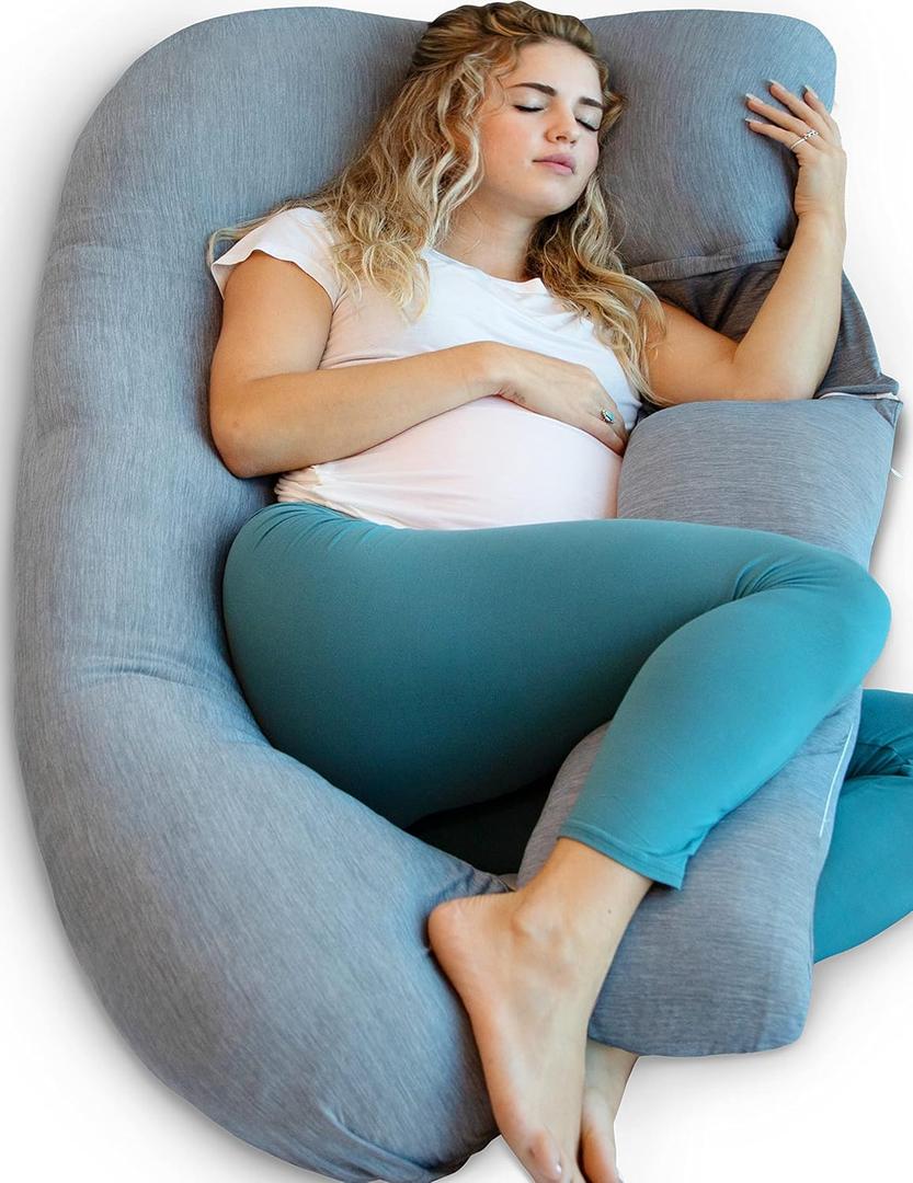 Pharmedoc Pregnancy Pillows, U-Shape Full Body Pillow  Removable Cooling Cover -Dark Grey  Belly and Back Support - Maternity Essential - Pregnancy Must Haves (Grey Cooling Cover)