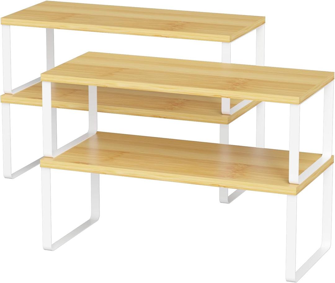 NEX Kitchen Cabinet and Counter Shelf Organizer, Stackable & Expandable, Set of 4, White and Natural - 7.7 x 15.6 x 6.2'' (15.6''W, Cloud White + Natural Beige)