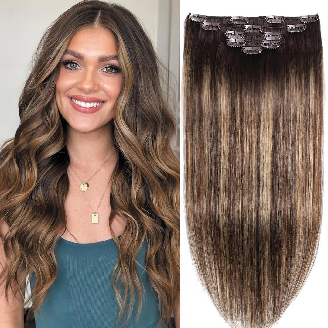 Hair Extensions Real Human Hair Clip in Hair Extensions Straight Remy Human Hair Extensions Clip ins Chocolate Brown to Caramel Blonde Clip in Extensions for Women Double Weft 16 Inch 5pcs