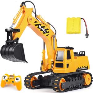 DOUBLE E Remote Control Excavator Toy, 2*Batteries 2.4GHz RC Excavator, 6-in-1 Digging/360 Rotation, 20M Range Sandbox Construction Toys Birthday Gift for Boys/Kids 6+ Years