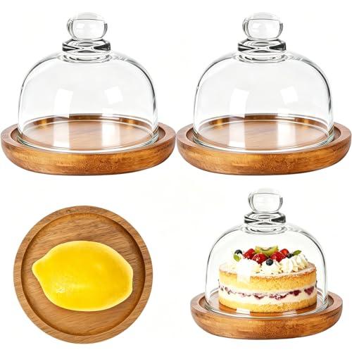 2 Pack Ultra Mini Wooden Base Cake Display Stand with Glass Dome,Cloche Clear Glass Bell Jar Cover for Dessert Cheese Candy Plants Succulents （for Sizes up to 3 "）