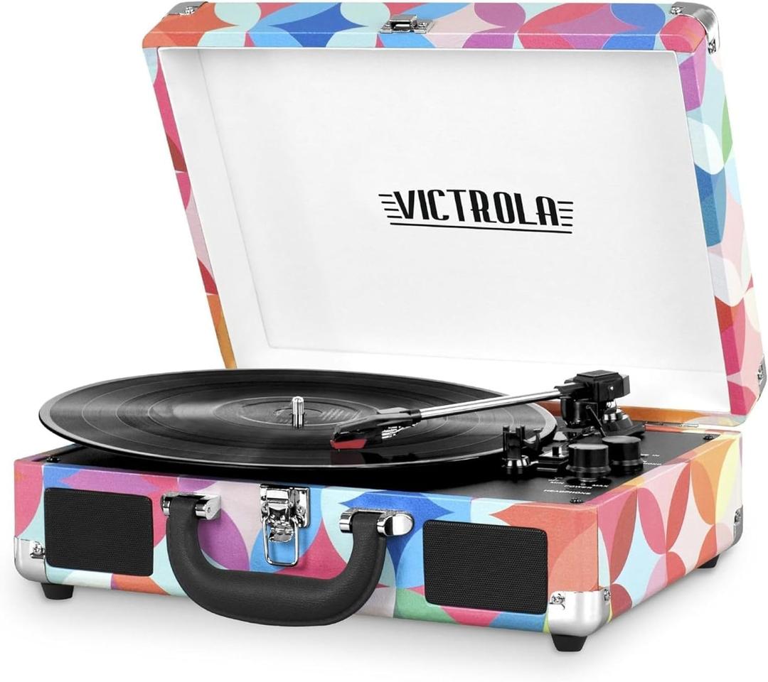 Victrola Journey Bluetooth Portable Suitcase Record Player  with Built-in Speakers, 3 Speed Vinyl Record Player, RCA Out, Headphone Jack (GEO)