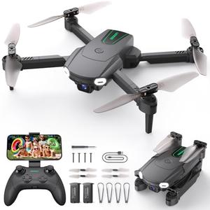 Foldable Drone with Camera for Kids Beginners - Remote Control Helicopter Toys Gifts for Boys Girls, 1080P HD FPV RC Drones with 2 Batteries, One Key Start/Land, Altitude Hold, Gesture Selfie, Raven