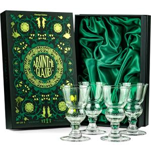 Vintage Crystal Absinthe, Sambuca, Raki, Pastis, Ouzo Glasses | Set of 4 | Short Stemmed 6.5 oz Goblets with Bubble Reservoir for Drinking Green Fairy | Handblown Small Wine Bistro Glassware