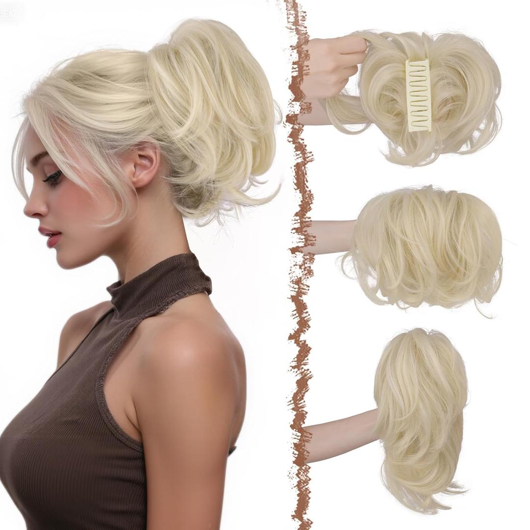 FESHFEN Claw Clip Short Ponytail Extensions - DIY Bendable Metals Fluffy Messy Bun Hair Piece Straight Synthetic Hairpieces Ponytail Extension for Women, Platinum Blonde (27/613/30# Platinum Blonde)