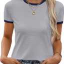 Remidoo Ringer Tee Women's Short Sleeve Shirts Color Block Tops Casual Summer Vintage T-Shirt Grey Blue XX-Large (Gray, XXL)