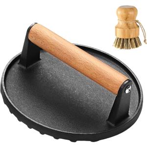 Smash Burger Press 7", Round Meat Press with Wood Handle  2.2 lb Heavy-Duty Cast Iron Grill Bacon Press, BBQs & Cooking Must-Have, with Palm Brush Smash Burger Press 7", Round Meat Press with Wood Handle  2.2 lb Heavy-Duty Cast Iron Grill Bacon Press, BBQs & Cooking Must-Have, with Palm Brush