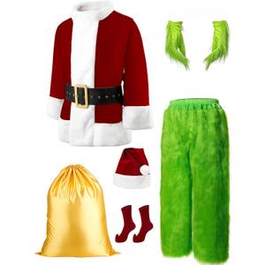 Christmas Green Costumes Adult, 8pcs Furry Santa Claus Costume for Men Funny Cosplay Santa Costume (Large, Red)
