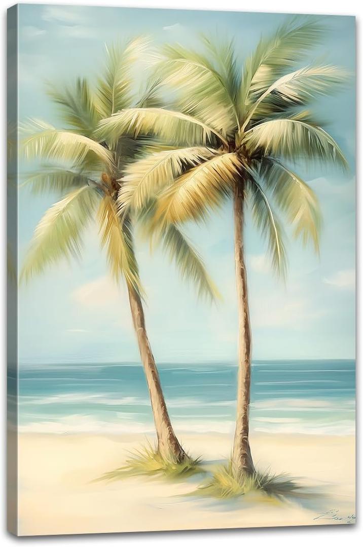 Tropical Beach Canvas Wall Art Palm Tree Pictures Wall Decor Ocean Landscape Painting Prints for Living Room Bedroom Bathroom Decor Framed(Tree-2,16L x 24W)