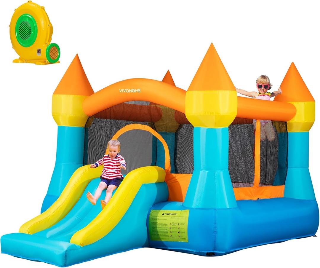 White Bounce House with Blower Included, 9x9x7FT Inflatable Bounce House Castle with Ball Pit and Slide,Small Jumper Bouncy Castle, Fun for Kids Birthday Party