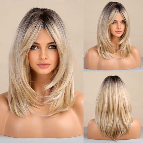 Tumhorn Long Layered Blonde Wigs for Women Synthetic Hair Wig with Bangs Natural Wavy Heat Resistant Wigs for Daily Party Use