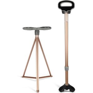 Foldable Cane with Seat for Seniors - Non-Adjustable Lightweight Walking Stick Chair, Portable Folding Cane Chair with Ergonomic Handle & Anti-Slip Base, Durable Aluminum Mobility Aid (Light Gold)