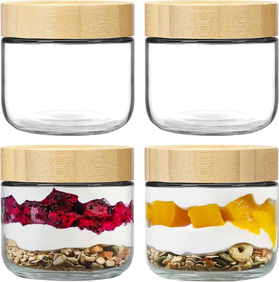 NETANY 4-Pack 8oz Glass Jars With Airtight Lids, Overnight Oats Containers With Bamboo Lids, Wide Mouth Mason Salad Jars, Glass Food Storage Containers For Snacks Yogurt Spice Sugar