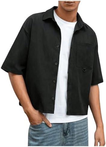 GORGLITTER Men's Cropped Shirt Button Bown Short Sleeve Casual Collar Neck Summer Shirts Crop Top Medium