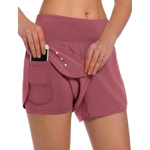 Ksmien Women's 2 in 1 Running Shorts - Lightweight Athletic Workout Gym Yoga Shorts Liner with Phone Pockets (Light Wine Red, S)