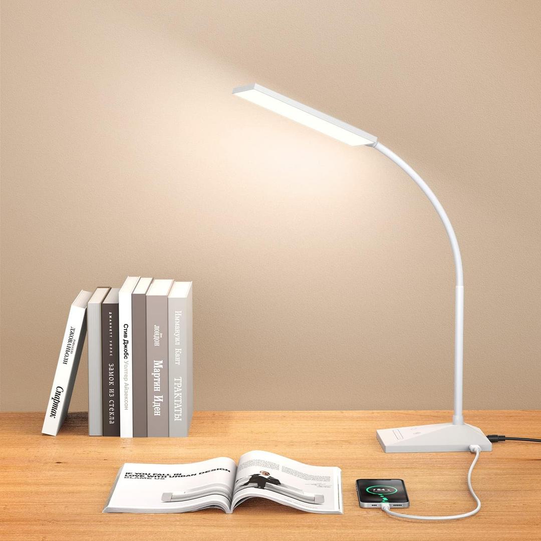 Vansuny LED Desk Lamp with USB Charging Port, Eye-Caring, 5 Color Modes,6 Brightness Levels, Touch Control, Flexible Gooseneck, Memory Function for Dorm Office Work Bedroom (12W,White)