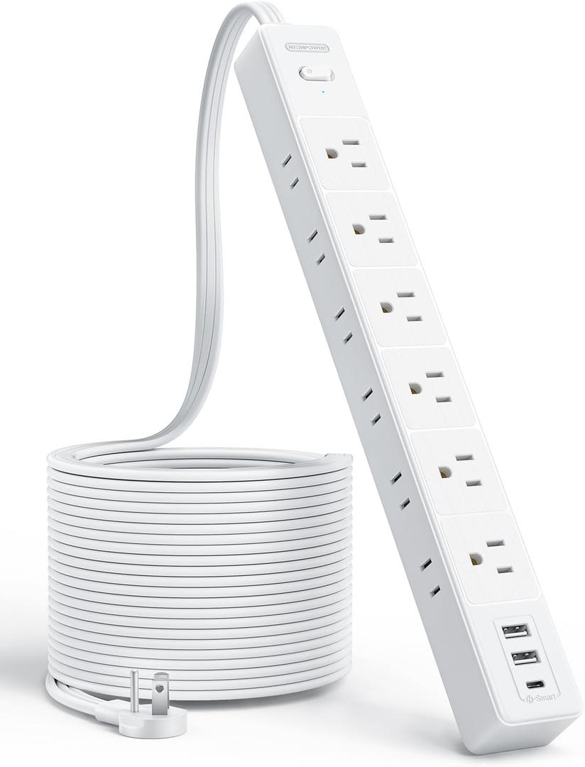 25 FT Flat Extension Cord with 12 AC Outlets with 3 USB Ports (1 USB C), 1875W 15A 14 Gauge 3 Prong Power Strip, On-Off Switch, Mountable for Home Office Garage Workshop